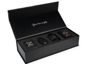 Je Joue Naughty Gift Set: Black Truth or Dare Cards, Mimi, Massage Candle, Silk Blindfold & Restraint